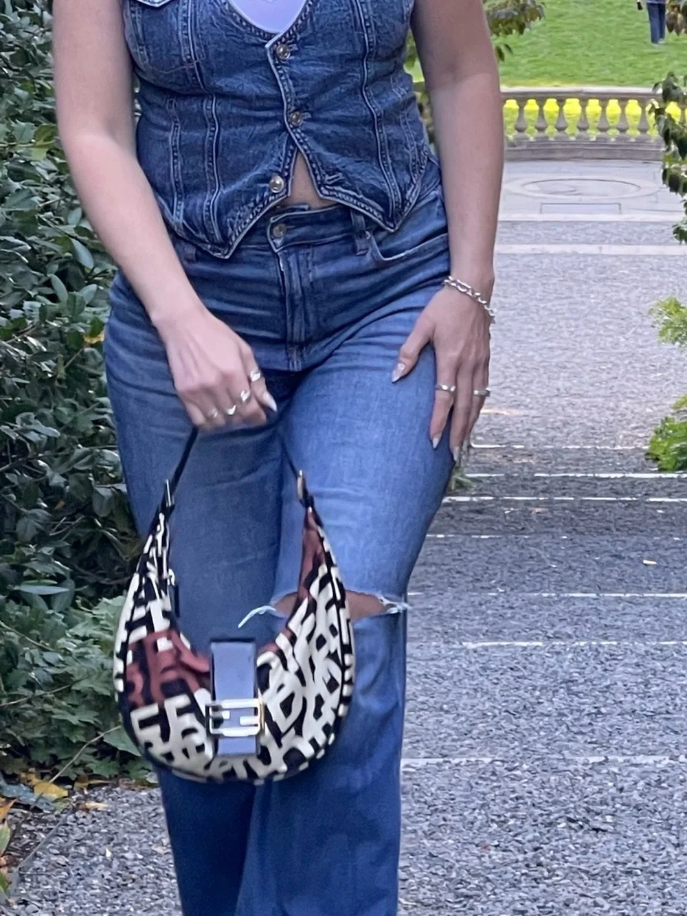 Fendi Monogram Hobo Shoulder Bag in Black, White & Burgundy